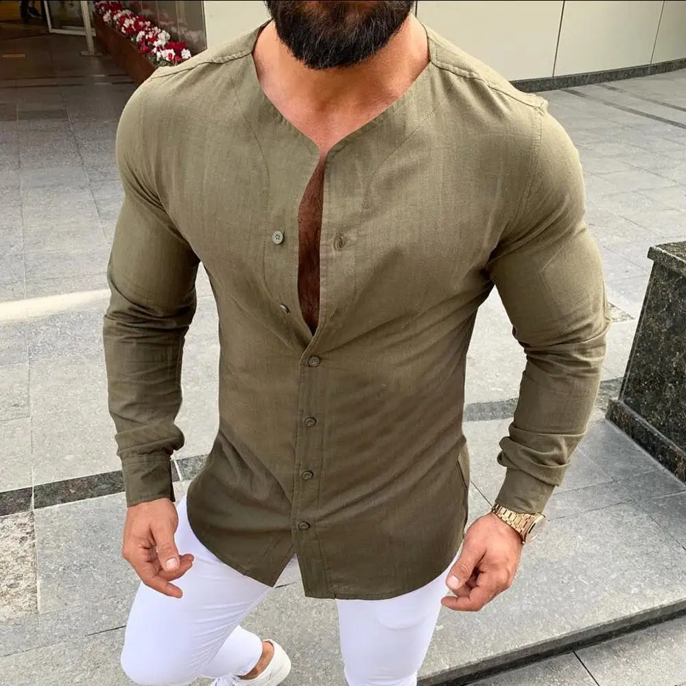 

Shirts For Men Slim Solid Color Shirts For Men Long Sleeve Cardigan Men's Linen Shirt