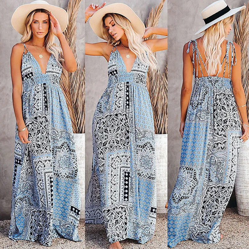 

2021 summer custom print sexy elegant loose women beach casual maxi sling sleeveless long dress for ladies