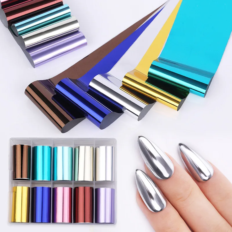 

10 Roll Holographic Colorful Metal Mirror Starry Sky Nail Foils Manicure Laser Nail Art Transfer Sticker DIY Nail Decorations, Metallic