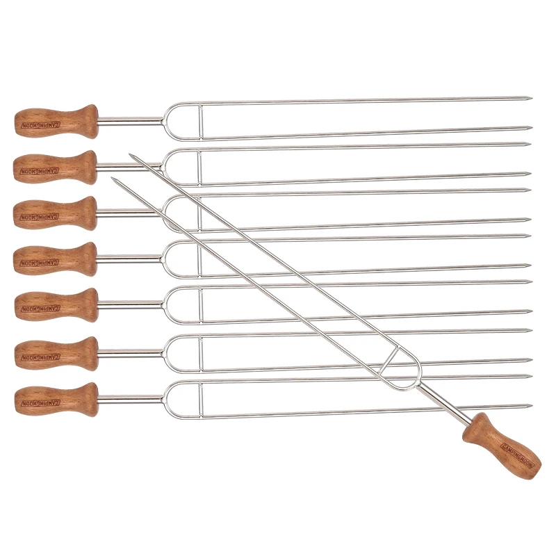 

Outdoor Camping Hiking Portable Food Grade Stainless Steel Wooden Handle BBQ Skewers And Barbecue Fork