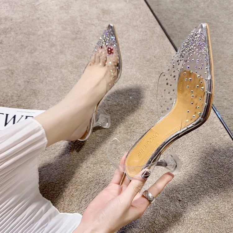 

2020 PVC Transparent Women Sandals Crystal Pointy Toe High Heels Shoes Woman Perspex Spike Heel Back Strap Pumps Sandals Z003