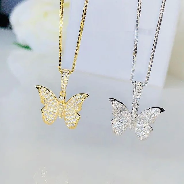 

micro pave cubic zirconia cz women girl jewelry cute tiny small butterfly pendant necklace, Silver