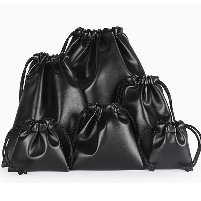 

PU leather storage 3C digital products waterproof drawstring jewelry bags, Black color