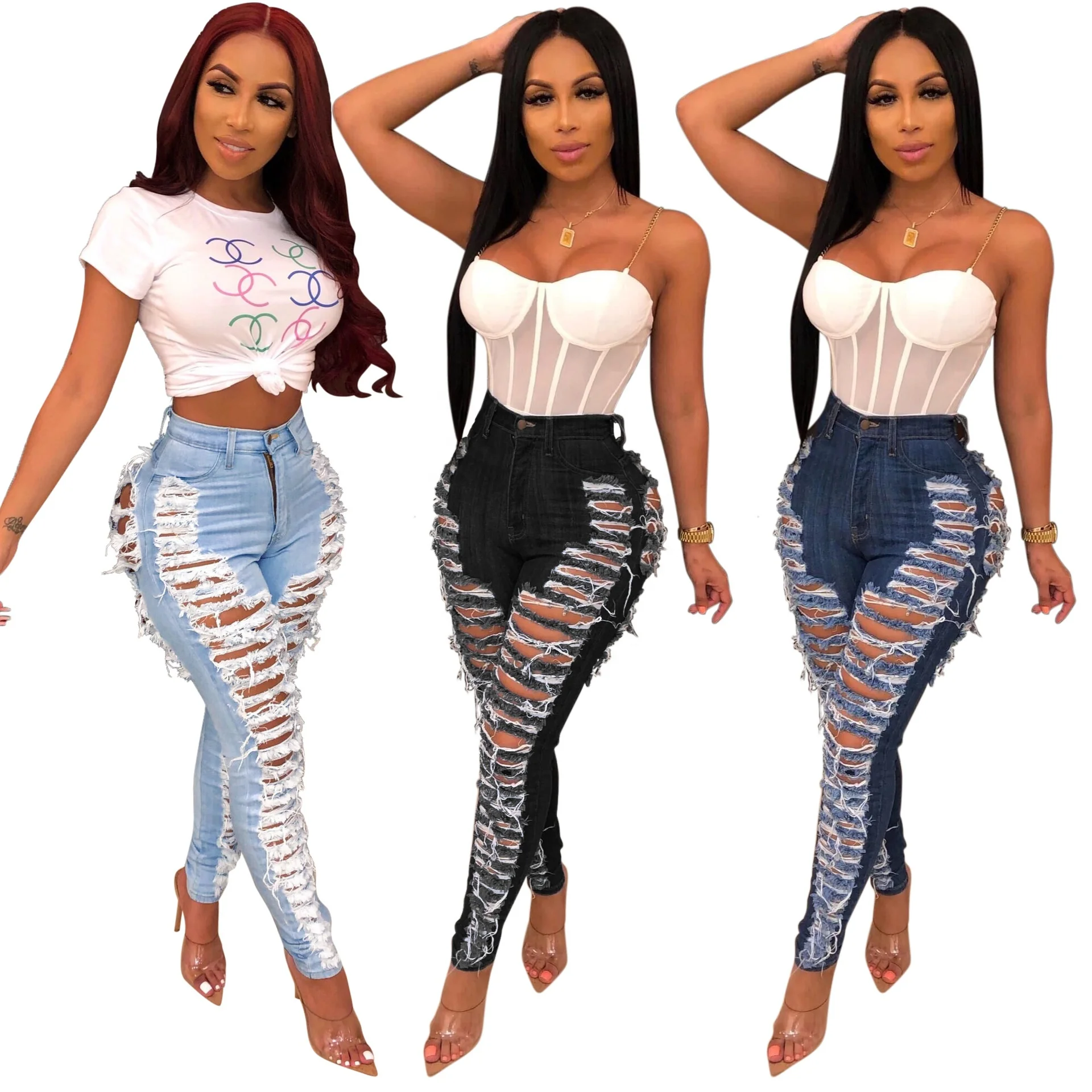 

Wholesale Stock Spot Slim Stretch Jeans Ripped Washed Hole Jeans Woman Trousers