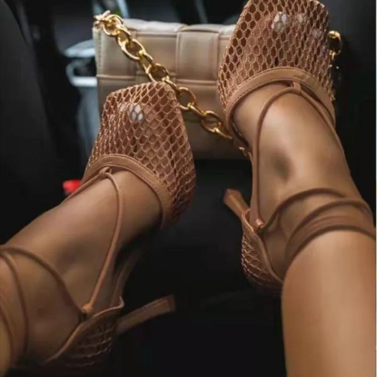 

sh12393a New Sexy Hollow Mesh Pumps Sandals Female Square Toe Stiletto High Heel Ankle Lace Up Cross-tied Party Dress Shoes