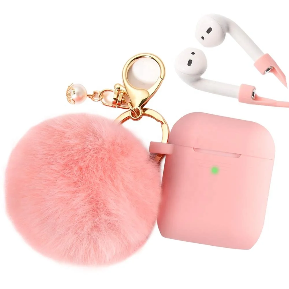 

Pompom Case for AirPod 2 ShockProof Protective Silicone Cover Case for Air pod Charging Case with Keychain