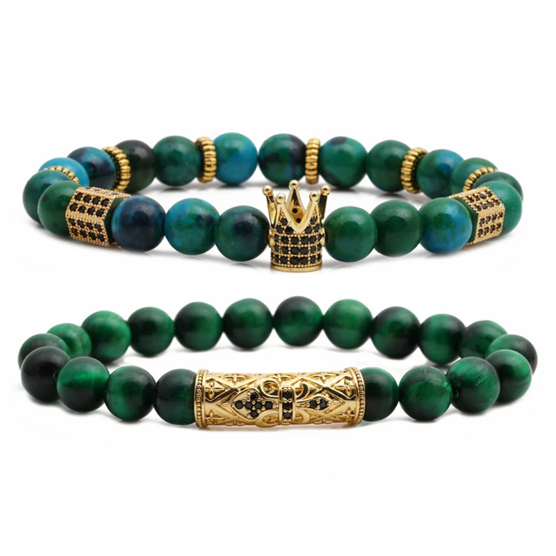

Wholesale 2pcs/set 8mm luxury tiger eye natural stone charm crown handmade beaded bracelet men diy bracelet cross, Picture