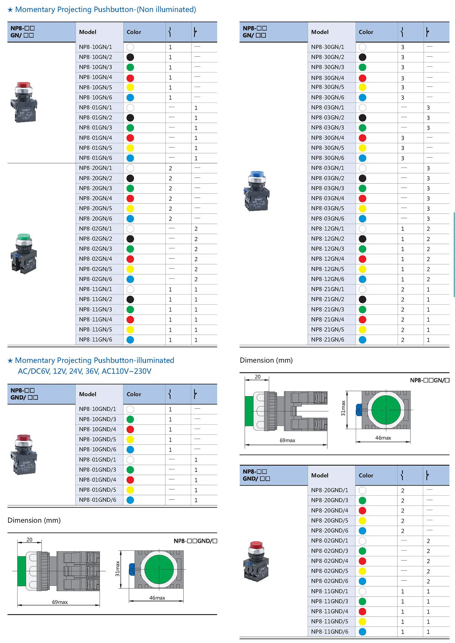 Chint NP8 NP8-11ZS/14 NP8-20X/31 NP8-11BN/2 NP8-11BN/4 NP8-10BN/2 NP8-10BN/3 NP8-11X/212 CHNT IP65 Waterproof Pushbutton Switch