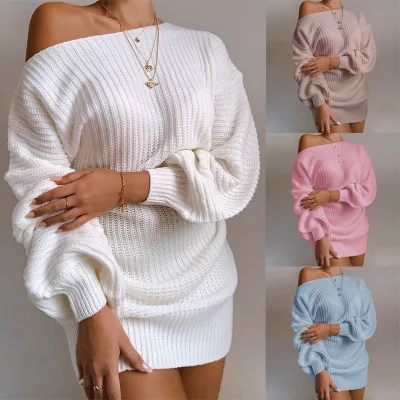 

CYX 237 High quality women winter clothing fashion off shoulder bubble sleeve loose pullover warm knit long sweaters women, Picture