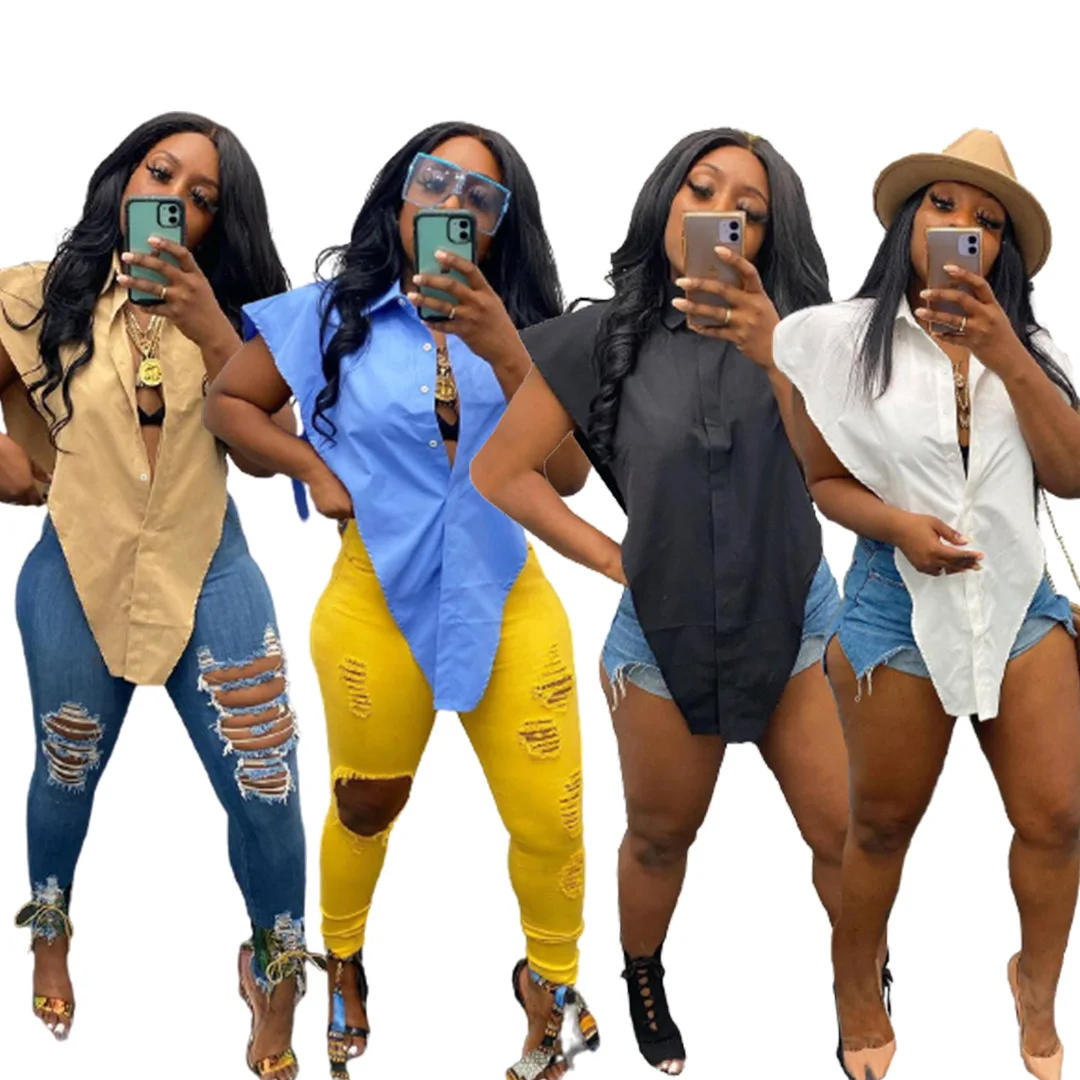 

Wholesale fashion women top sexy cut out halter shirt button up sleeveless women blouse, 4 colors