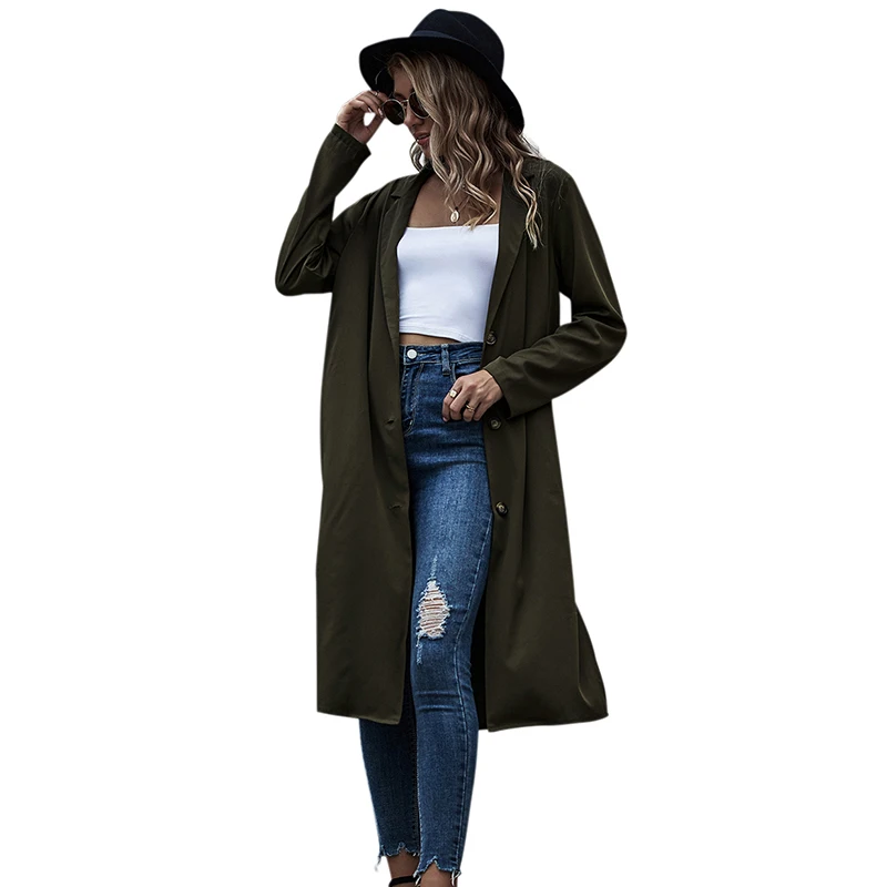 

Autumn Army Green Trench Coat Turn Down Collar Long Coat Women