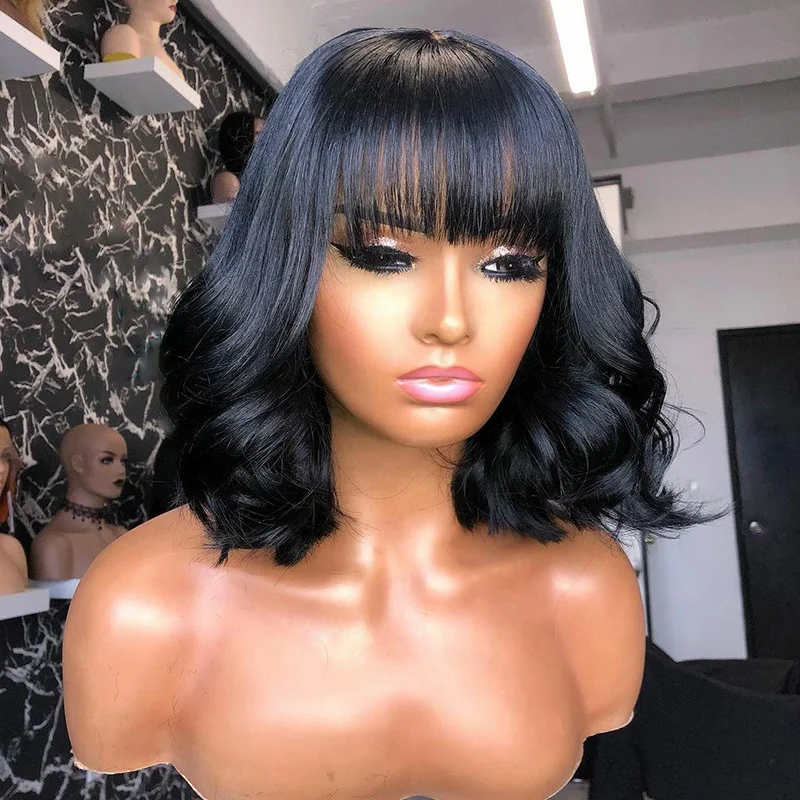 

Bob Wigs Natural Color Loose Wave Brazilian Cuticle Aligned Virgin Human Hair Lace Front Wigs With Bangs