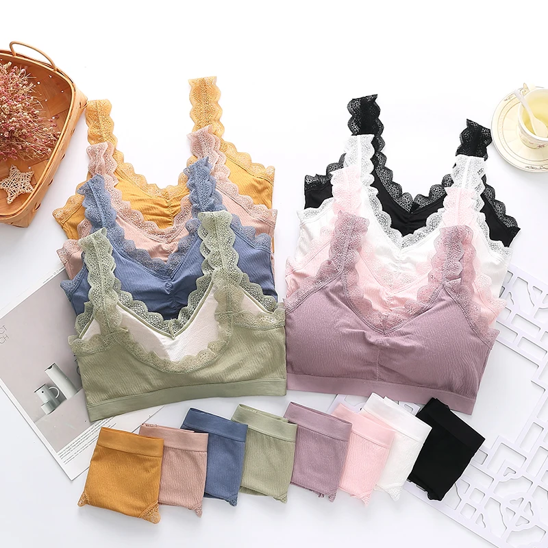 

China factory manufacturer seamless cotton bra U-shaped back comfortable sleep lace women bra set, Picture shows