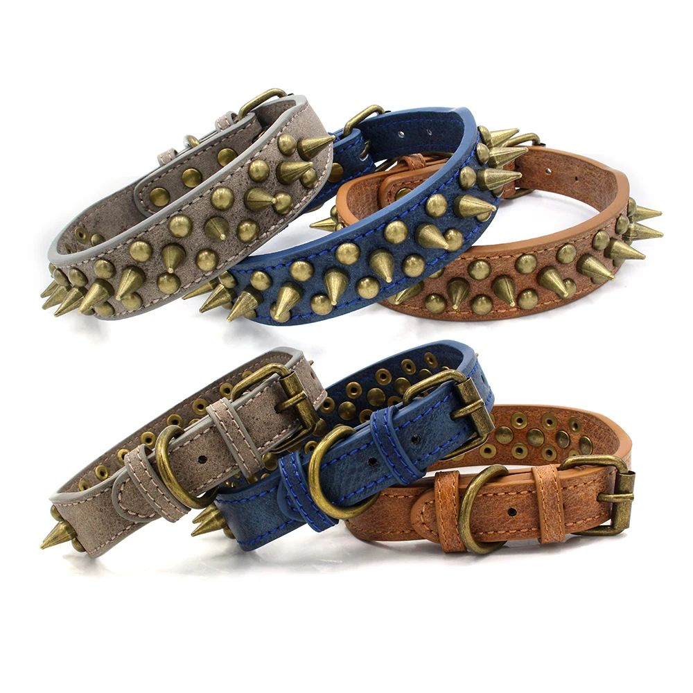 

Wholesale Adjustable Bronze Anti-bite Spike Retro PU Leather Rivet Dog Collar