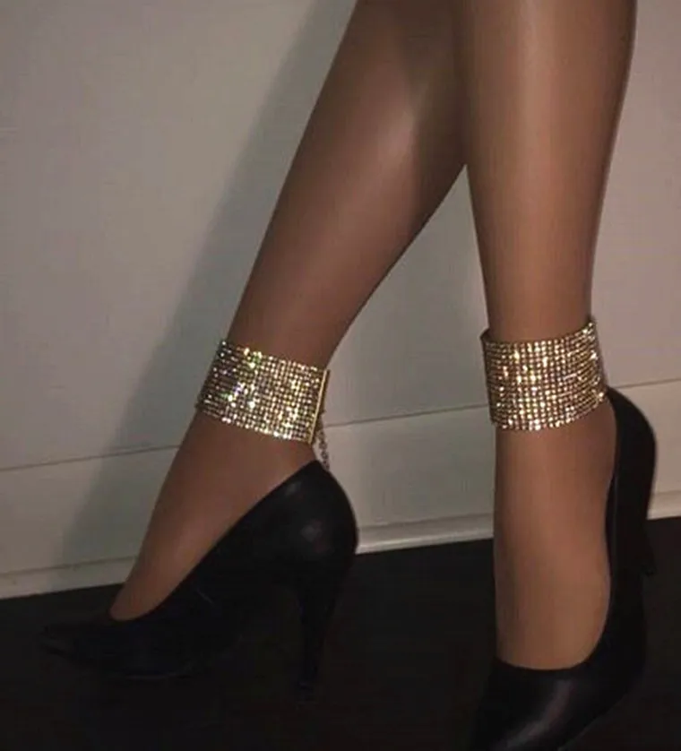 

Shangjie OEM tobilleras acero Fully Rhinestone Multilayer Ankle Chain plated thick anklets, Gold/sliver