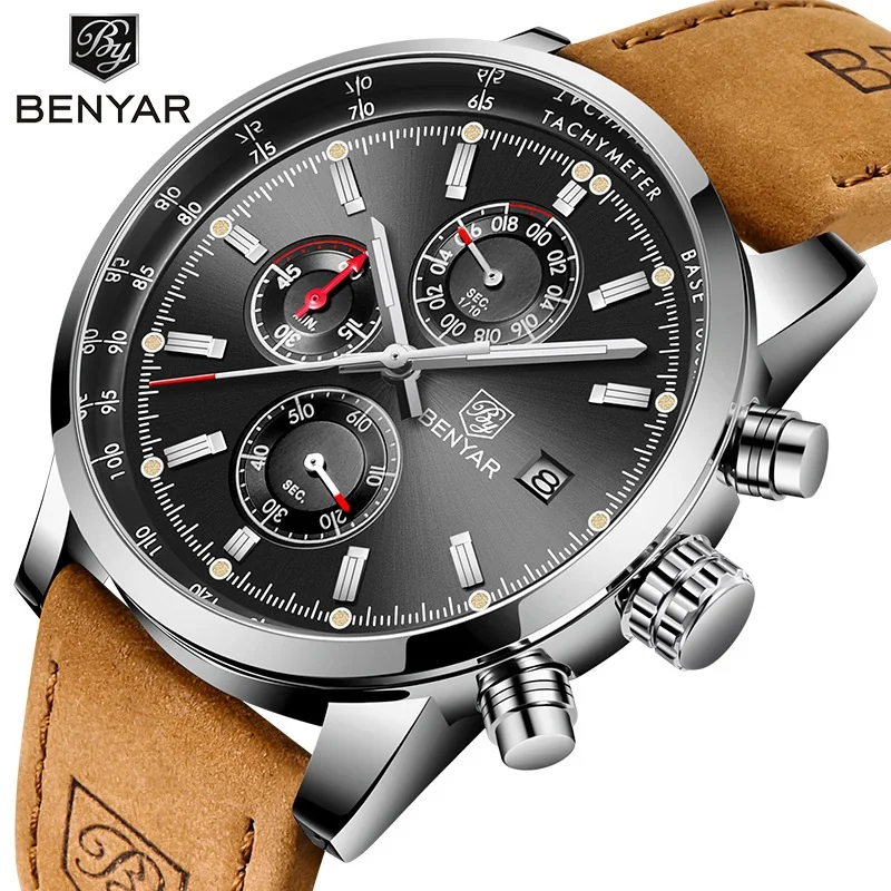 

BENYAR 5102 Men Watch Chronograph Waterproof Sport Genuine Leather Mens Wrist Watches Top Brand Luxury Military Army Man Clock, 3-colors