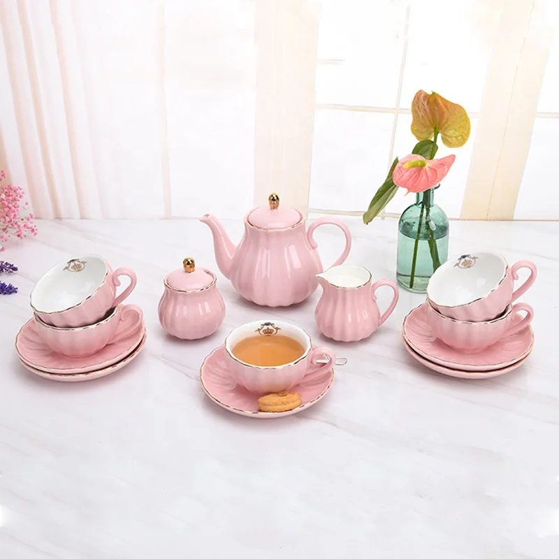 

Modern coffee tea cup sets with teapot sugar creamer pot tea set, Pink