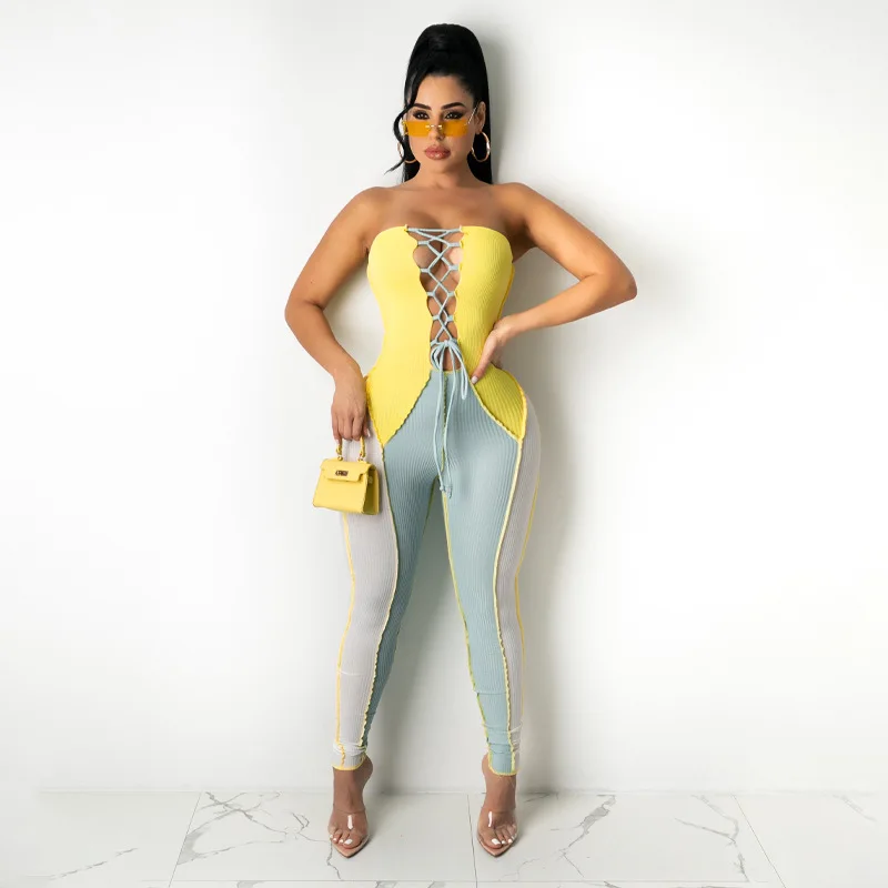 

2021 new arrival summer collection contrast color ribbed women sexy jumpsuit