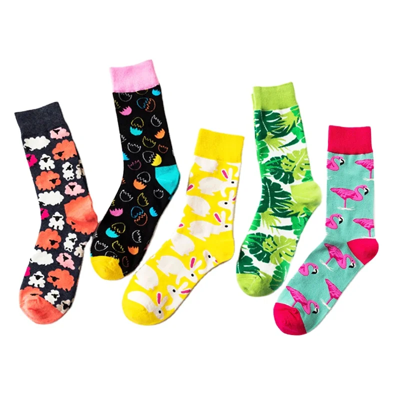 

Factory Designer Socks Wholesale Combed Cotton Sailor Socks Custom Socks Logo Cartoon Flamingo Happy Men Stockings, Custom color