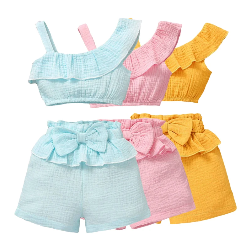 

2022 baby girl clothes set 100% cotton sleeveless top and short sets ribbon bow two piece set for toddler girls