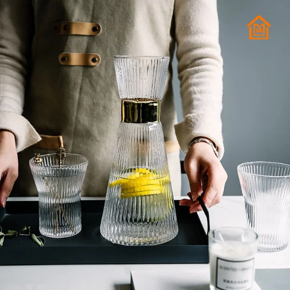 

European style lines decor 3pcs glass bottle and cups for home, Pure color