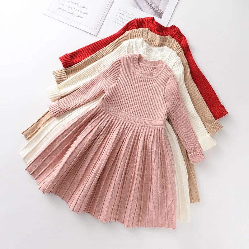 

girls' dresses Winter children clothing lace knit skirt princess round neck bow tie girls dress for kids, Pink red white