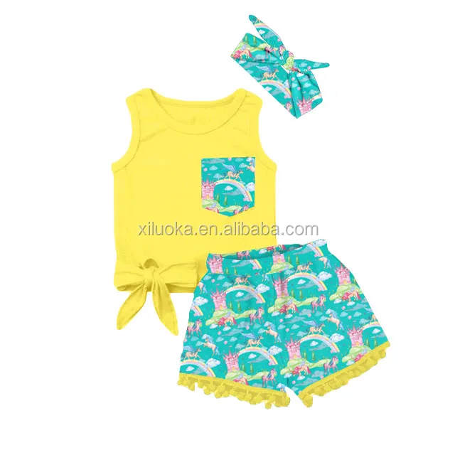 

Low MOQ Factory Sleeveless Two Pieces Baby Set Rainbow Unicorn Baby Outfit, Picture