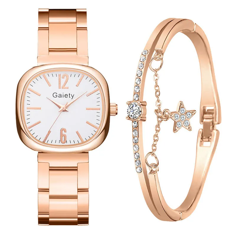 

Top 2 Piece Set Ladies Watch Bracelet Set Luxury Stainless Steel Rose Gold Casual Women's Quartz Watches, Picture shows