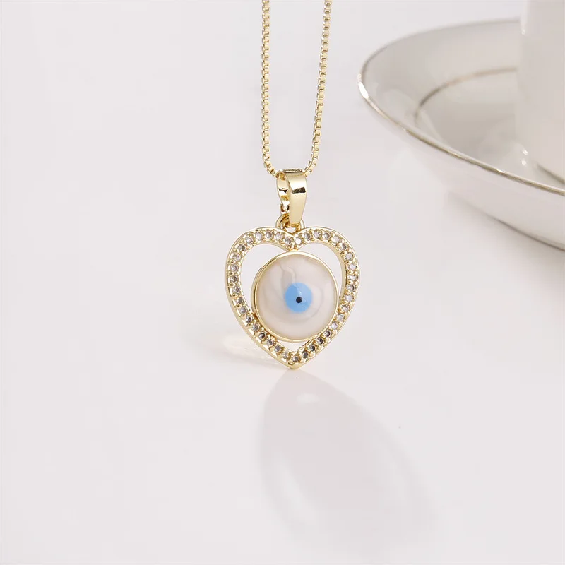 

European New 18K Real Gold Plated Micro Pave CZ Opal Evil Eyes Necklace Geometric Hollow Heart Pendant Necklace