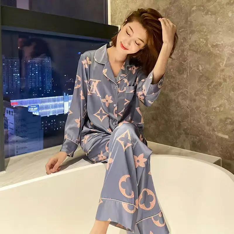 

Spring And Autumn Ice Silk Pajamas Women'S Long Sleeve Plus Size Loose Home Sleepwear Satin Silk Designer Pajamas