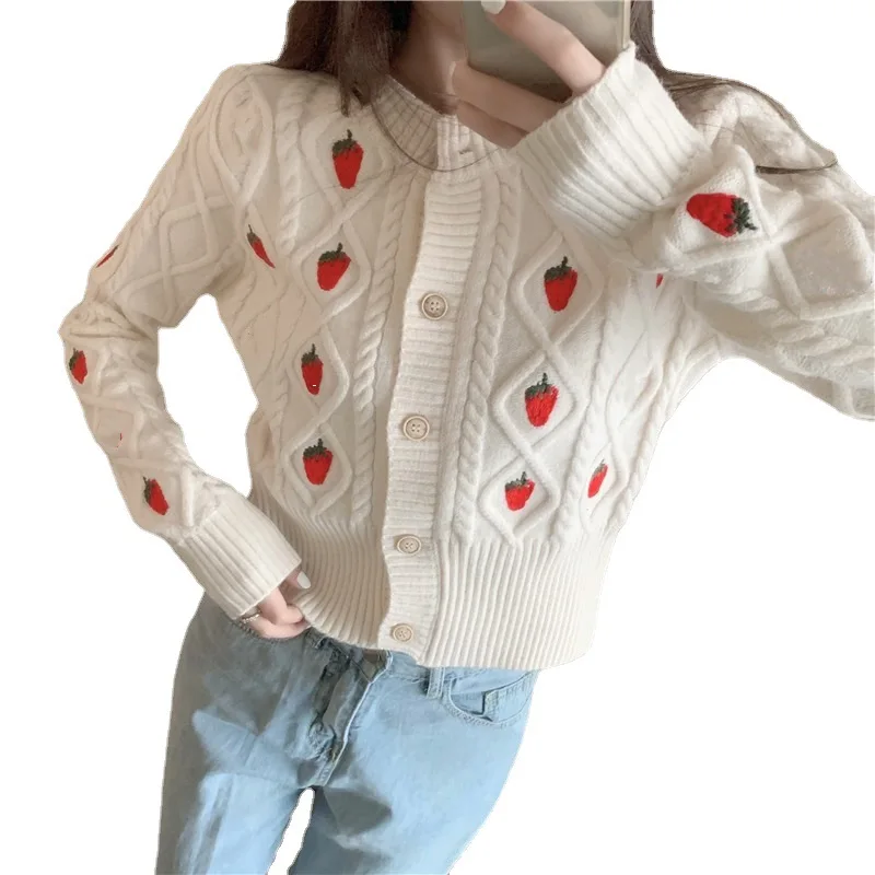 

Strawberry cardigan women's round neck knitted short top sweater Korean fashion girl black and white embroidery sweater coat