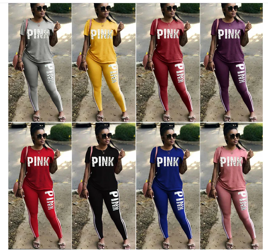 

Y1187 2020 fall new arrival two piece jogger set for women short sleeve pants winter outfits PINK lady sets