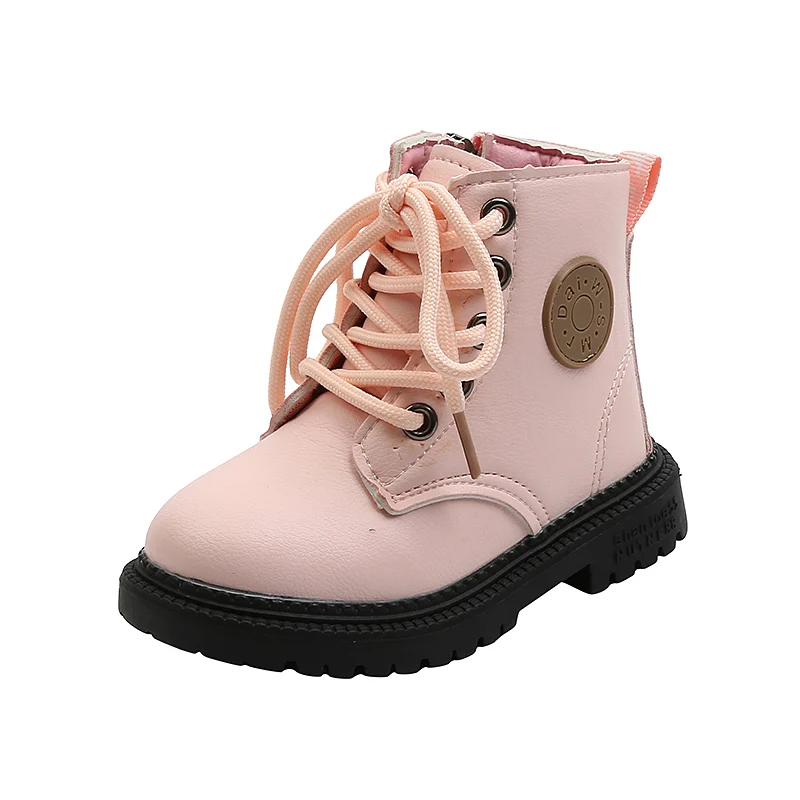 

British style leather cotton boots for girls autumn and winter 2020 new short boots, Black/pink/white
