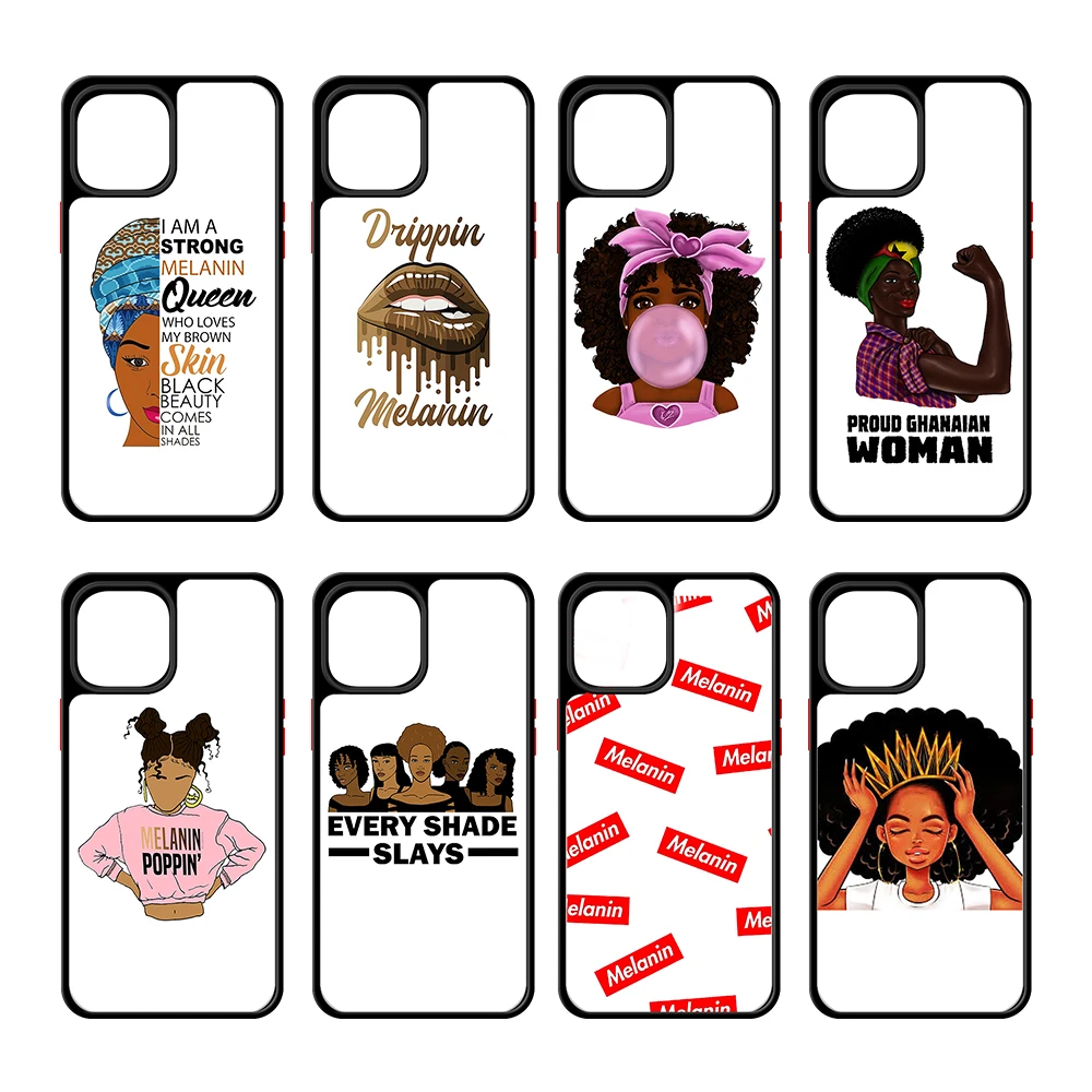 

Custom Afro Melanin Black Girl Matte Translucent TPU Acrylic Phone Case for iPhone XR 11 12 Pro Max Shockproof Mobile Cover, Black & translucent