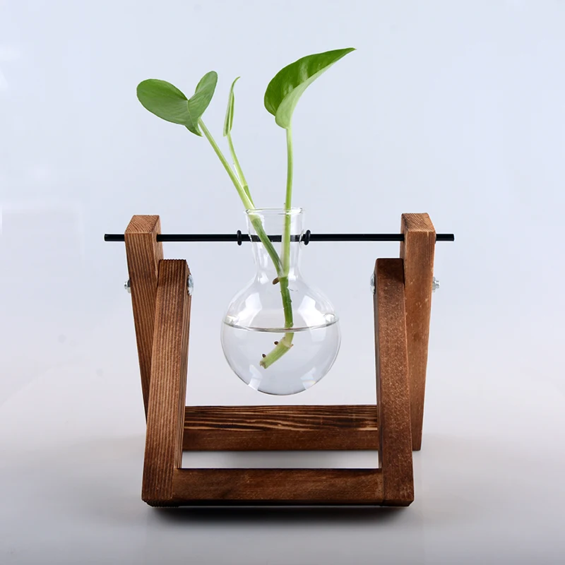 

creative hydroponic plant transparent glass vase wooden frame vase, Clear