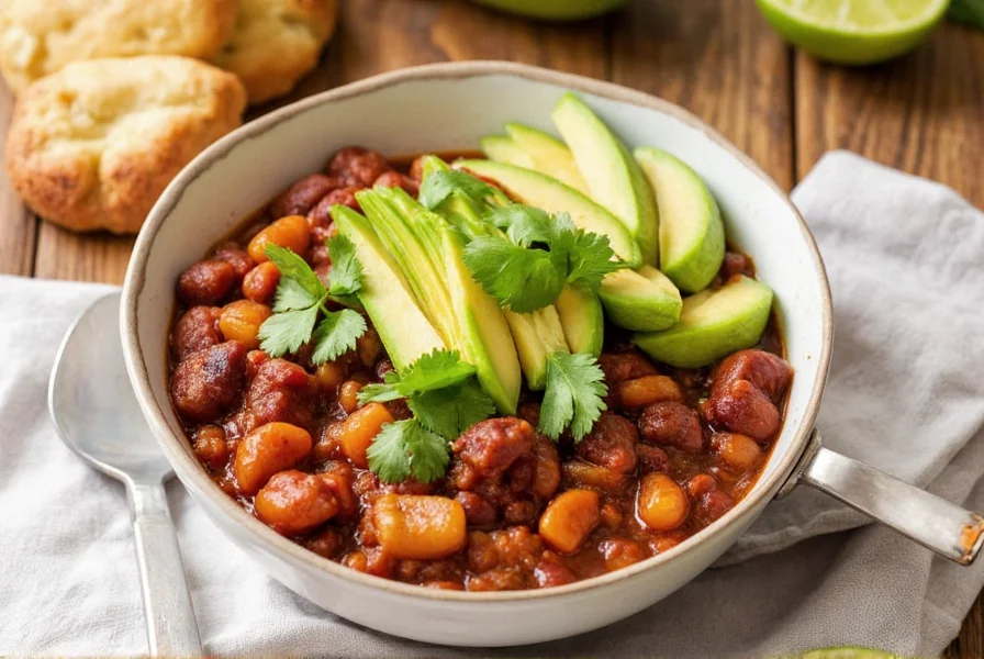Finished bowl of Cookie and Kate vegetarian chili topped with avocado, cilantro, and lime wedges