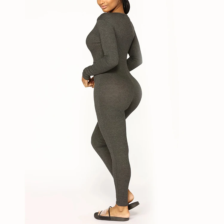 

Custom Plus Size Women Long Sleeve Jumpsuit Button Front Sexy Deep V-neck Pajamas Onesie