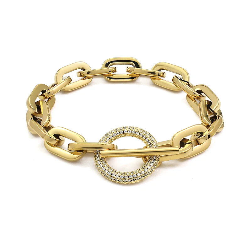 Stainless Steel Paperclip Links Bracelets Cubic Zirconia T Toggle Clasp Waterproof Wristband Hand Chains Punk Hip Hop Jewelry