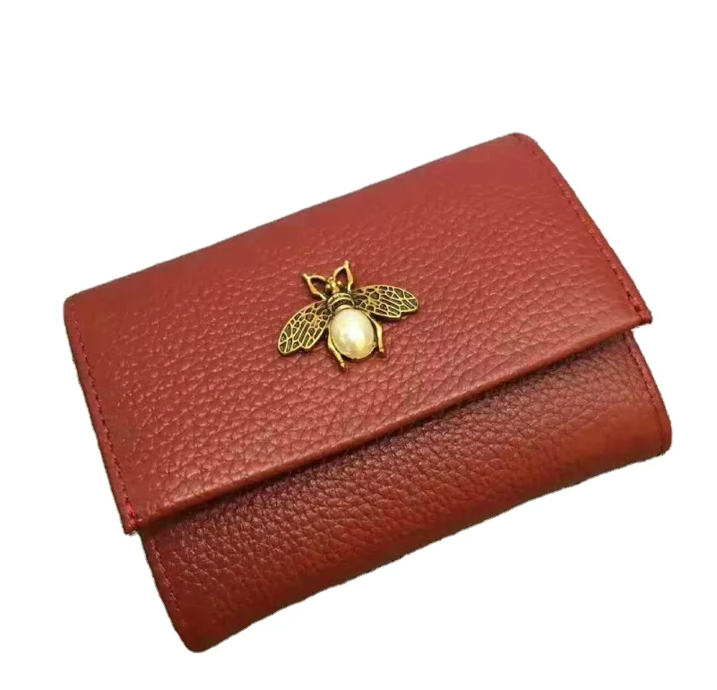 

2021 New Two-fold Leather Ladies Wallet Fashion Bee Lock Top Layer Cowhide Simple Clutch
