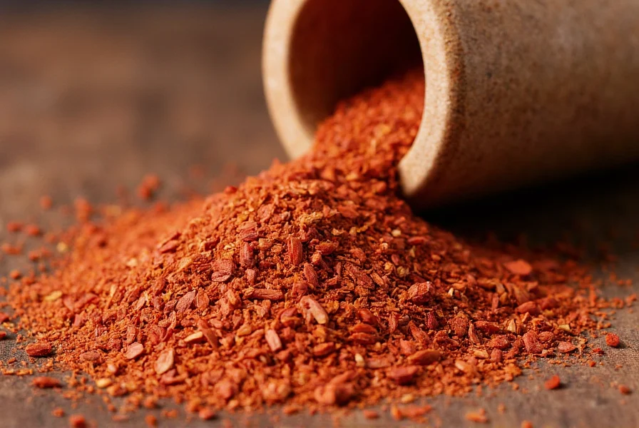 Close-up photograph of authentic Aleppo chili flakes showing their distinctive brick-red color and slightly moist texture next to a traditional Middle Eastern spice mortar