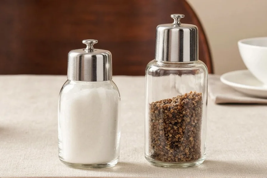 Comparison of standard 4oz salt and pepper shakers next to large 10oz models showing size difference on dining table
