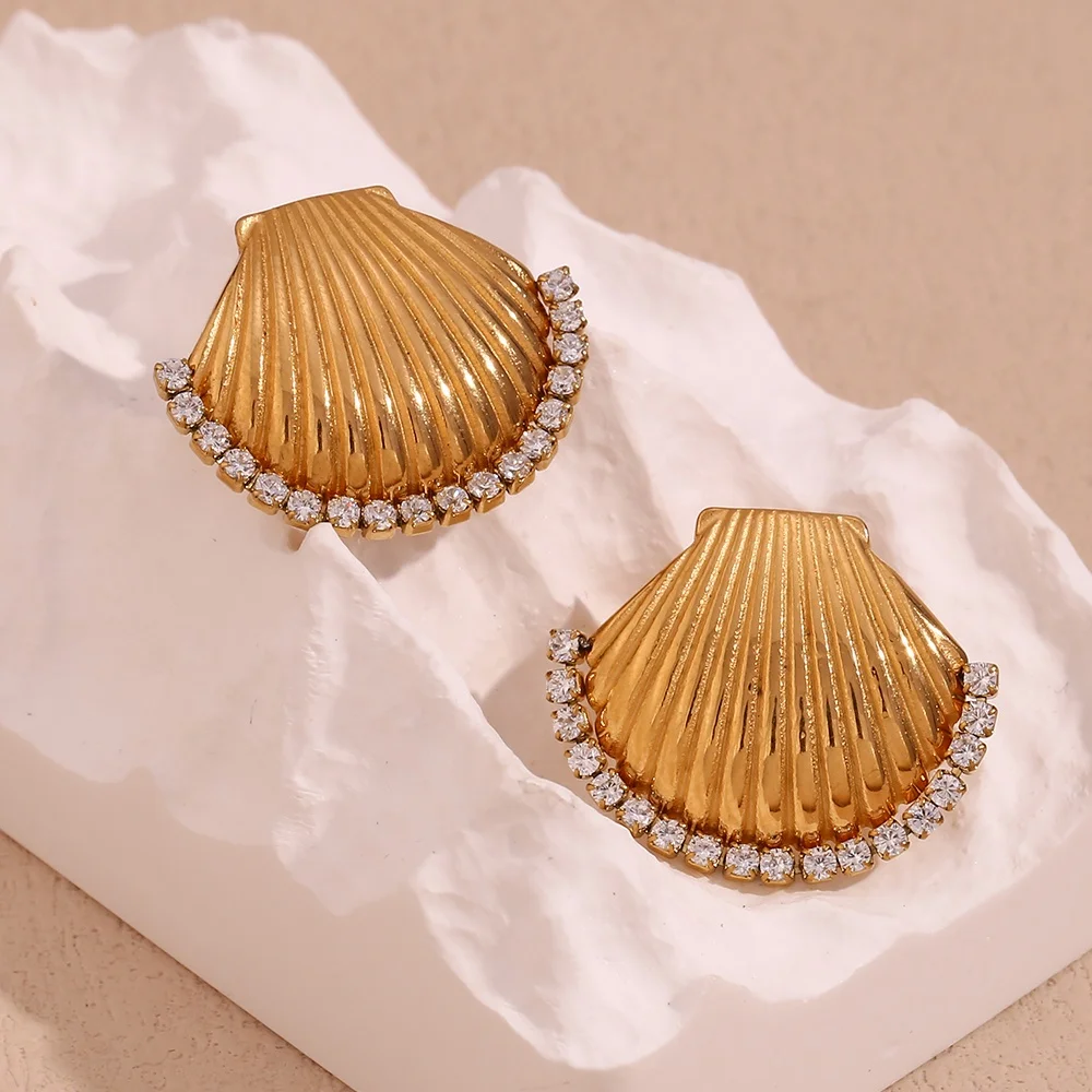 

Luxury Zircon Shell Design Stud Earrings For Women Waterproof Gold Plated Jewelry Stainless Steel Boucles D'oreilles