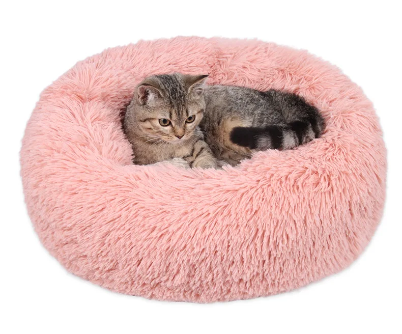 

2021Donut Cat Bed Plush Faux Fur Dog Beds Cats Comfortable Warm Deep Sleep Pet Nest, 7 colors