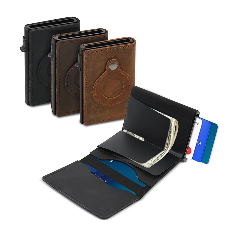 

New Men's gift anti thief wallet 2021 pop up Genuine cowhide Leather Slim Minimalist rfid blocking AirTag aluminum wallet men, Can be customized