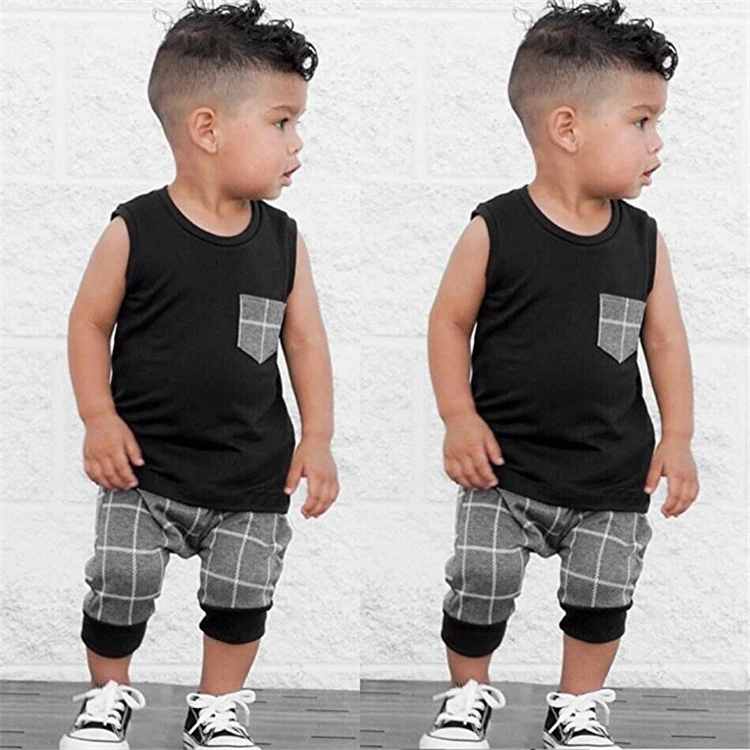 

Boy's Clothing Sets Black Vest and Plaid Shorts Children's Cute Two Piece Outfits New Design Toddler Baby Clothes Sets