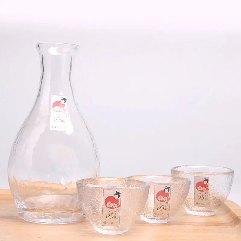 

wholesale wine glass Japanese style handmade sake pot with three cups on sale, Transparent clear