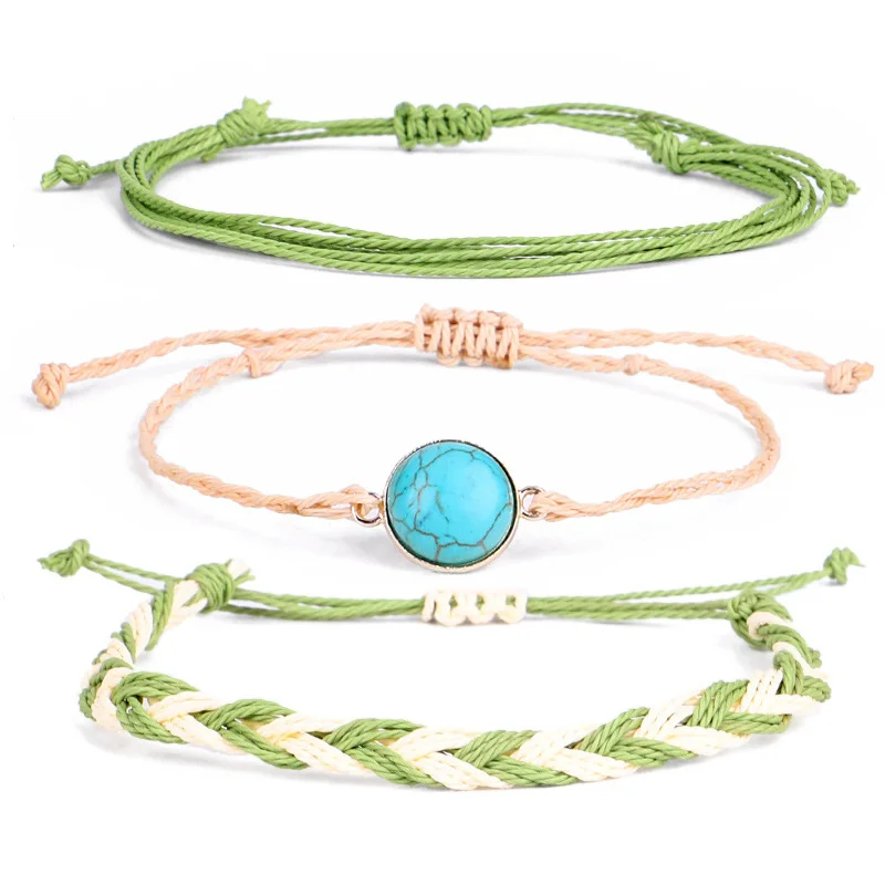 

Girls Summer Bracelet Jewelry Hand Woven Waterproof Wax Line Three-piece Turquoise Anklet Bracelet Set, As picture