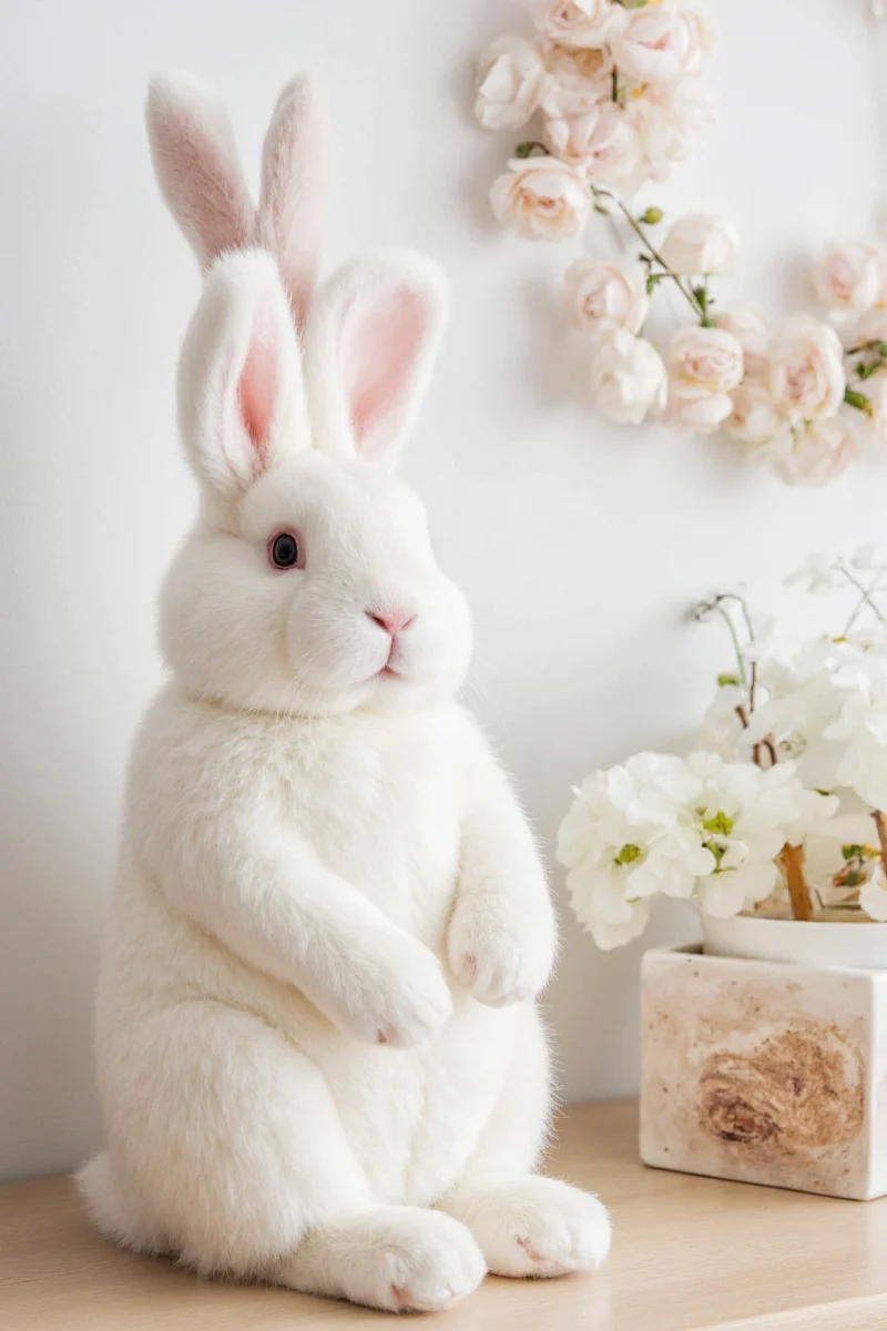 A display shelf with various rabbit-shaped decor items including glass, wood, and ceramic pieces