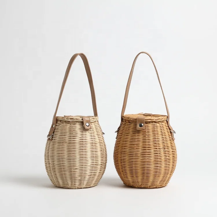 

Wholesale women fashion summer beach rattan bag woven bucket shoulder handbag, Natural