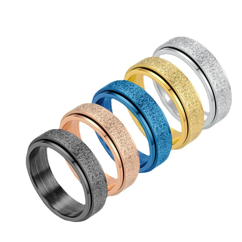 

Titanium Steel frosted ring, rotatable, pressure reducing, European and American fashion stainless steel couple ring, 5color
